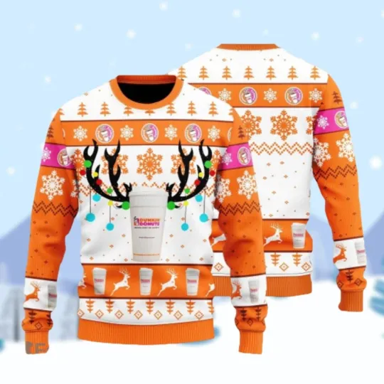 Dunkin Donuts Reindeer Ugly Christmas Sweater Coffee Addict Xmas Sweater