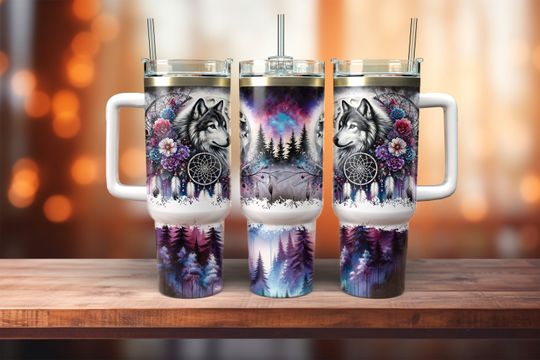 Discover Grey Wolf 40oz Tumbler Wrap Design, 40 ounce quencher handle cup sublimation  , 40 oz Boho Moon Dream Catcher Tumbler