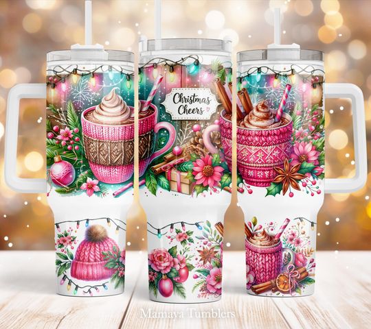 Discover Christmas cheers 40oz Quencher tumbler Sublimation design Hot cocoa Christmas lights Holidays  wrap Waterslide