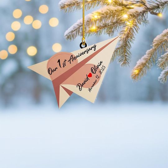 Personalized Wedding Paper Airplane Christmas Ornament, 1st Wedding Anniversary Gift, Paper Traditional Wedding Anniversary Gift