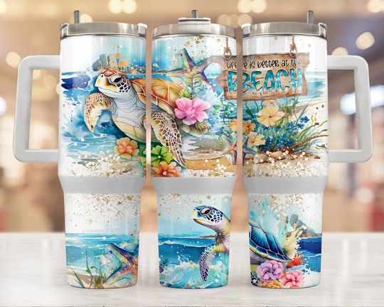 Discover Life is better at the beach 40 oz Quencher tumbler sublimation design Summer Turtle starfish Quote   wrap Waterslide