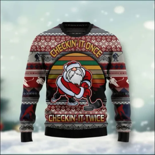 Discover Hockey Checking It Once Checking It Twice Ugly Christmas Sweater