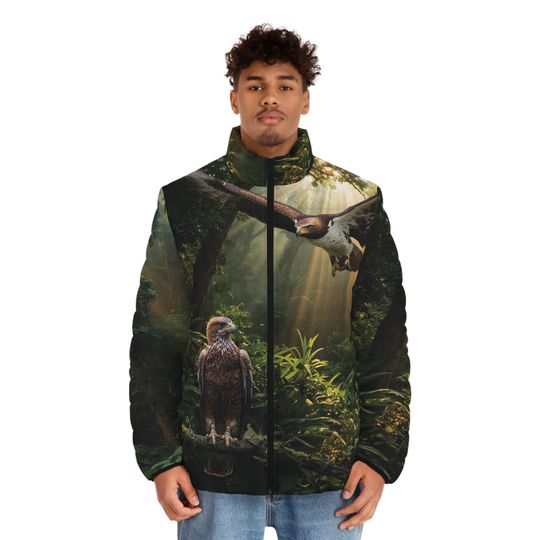 Philippine's Majestic  Eagle  Men's Puffer Jacket, Wildlife Lover Winter Coat, Bird Watching Gift, Outdoor Nature Enthusiast Clothing,