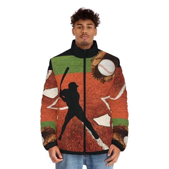 Baseball-Themed Personalizable Puffer Jacket for Men, Sports Lover Gift, Winter Outerwear, Unique Athleisure Wear, Perfect for Game Days