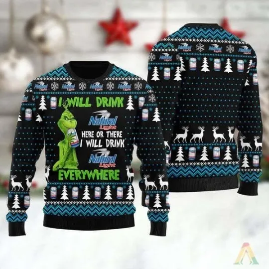 funny character I Will Drink Natural Light Everywhere Ugly Christmas Sweater