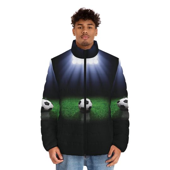 Personalizable Soccer Puffer Jacket, Game Day Sports Coat, Football Fan Gift, Custom Men's Outerwear, Personalized Winter Apparel