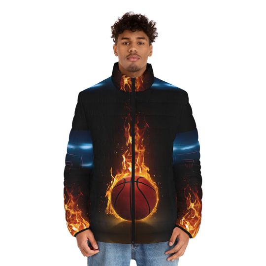 Discover Basketball Men's Puffer Jacket - Customizable Sports Gift, Winter Jacket, Warm Outerwear, Basketball Lover Apparel