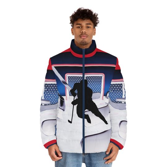 Discover Men's Puffer Jacket, Personalizable Hockey Outerwear, Ideal Gift for Him, Winter Sports Gear, Cold Weather Coat