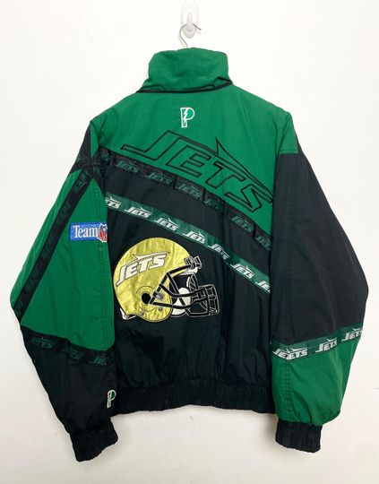 Vintage 1990s Pro Player New York Jets football Football Spell Out Helmet Graphic Green and Black Puffer Jacket (size adult Large)