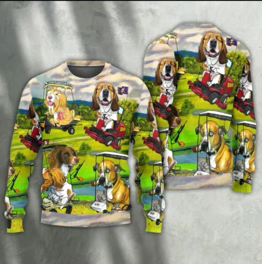 Discover Golf Dog Driving Golf Cart Art Ugly Christmas Sweater Gift For Christmas