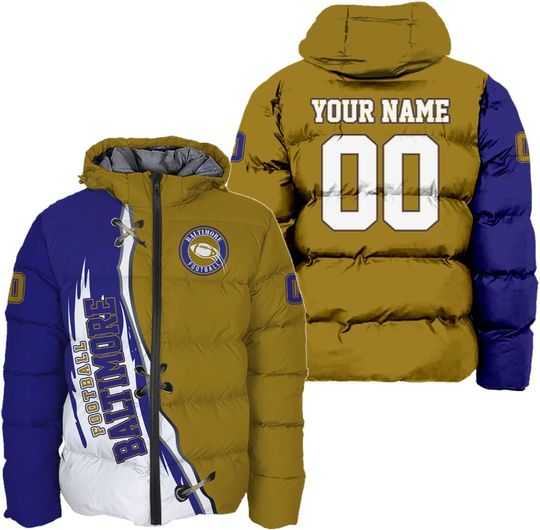 Personalized Baltimore Ravens Men's Hooded Puffer Jacket