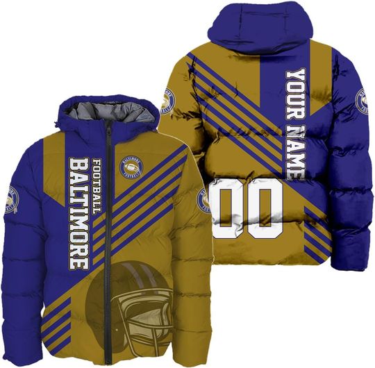 Personalized Baltimore Ravens Men's Hooded Puffer Jacket