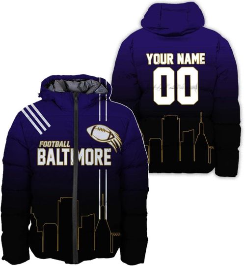 Personalized Baltimore Ravens Men's Hooded Puffer Jacket
