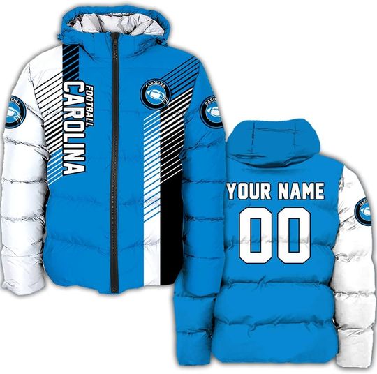 Discover Personalized Carolina Football Team Panthers Men's Hooded Puffer Jacket