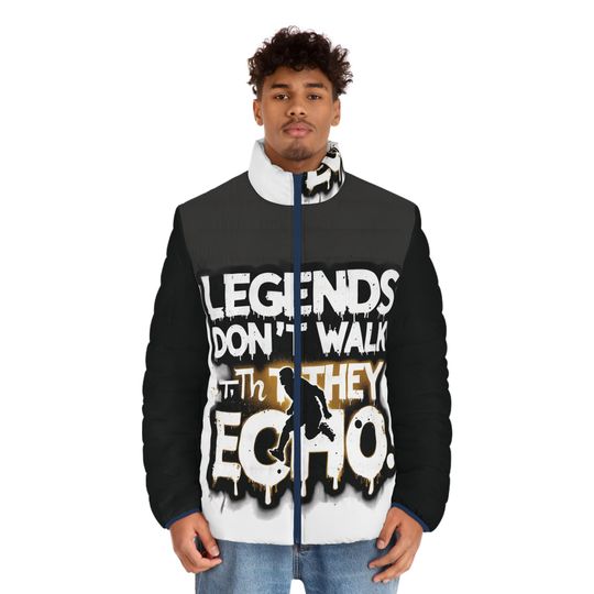 Discover Puffer Jacket for Men, Legends Echo Design, Winter Coat, Outerwear, Sports Fan Gift, Athlete Zip-Up