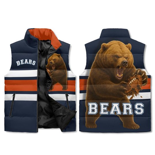 Discover AOP Puffer Vest - Fierce Bear Football Graphic - Navy Orange Stripes - Unisex Zip - BEARS