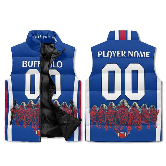 Discover Buffalo Fan Colors Puffer Vest - Custom Name & Number - Stand Collar Zip - Unisex M-6XL