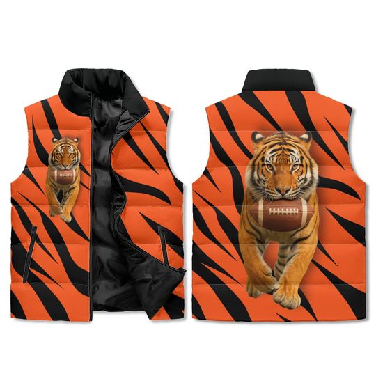 Tiger Stripe Football Puffer Vest  Orange & Black All Over Print