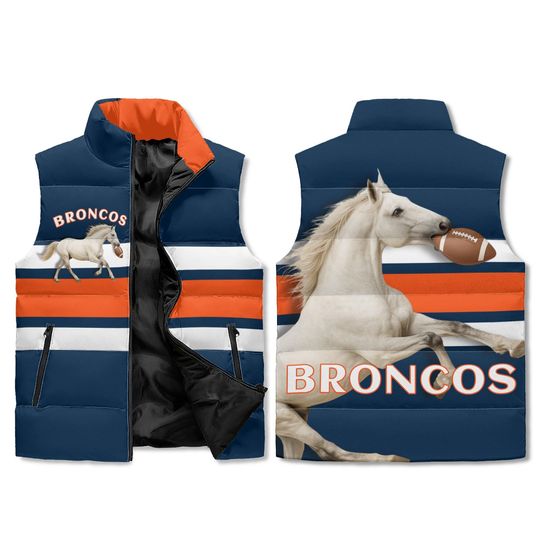 Discover Orange Navy Mustang Football Puffer Vest  Unisex Game Day Apparel