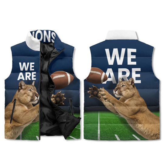 Mountain Lion Football Puffer Vest: Navy & White Game Day Layer