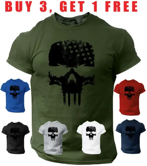 Discover Skull T-Shirt Warrior Distressed  USA Flag Military PUNISHER patriotic Tee Shirt