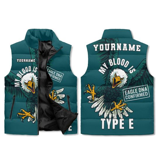 Custom Name Eagle Vest - Type E DNA Confirmed Puffer - All Over Print Zip Up Winter Stand Collar Vest