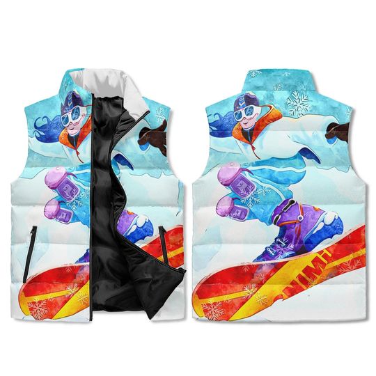 Snowboarding Girl Puffer Vest - Watercolor Winter Art Vest - All Over Print Zip Up Cold Weather Gear