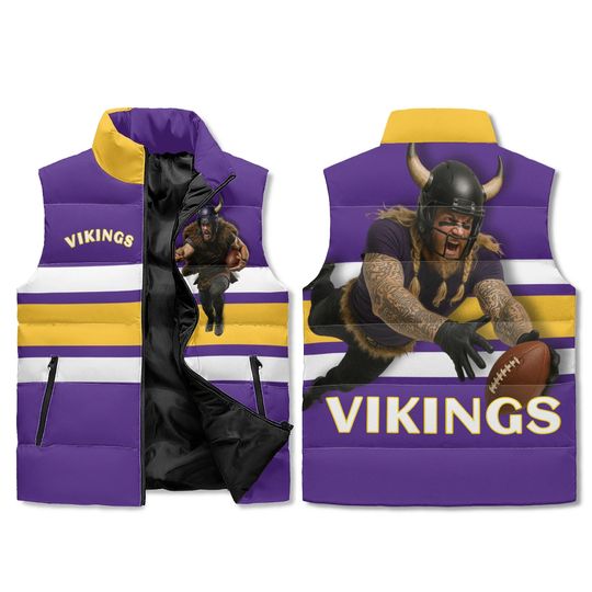 Discover Nordic VIKING Warrior Puffer Vest - Purple/Gold Stripe AOP - Stand Collar Zip - Unisex M-6XL