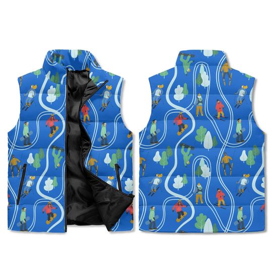 Ski Trail Adventure Vest - Blue Winter Skiers AOP Print Unisex Zip Up Puffer Jacket