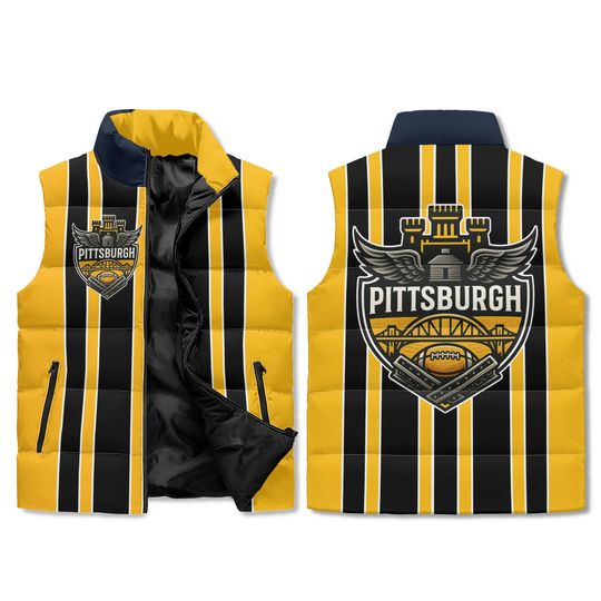 Pittsburgh Throwback Jersey Vest - Black & Gold Fan Puffer - Vintage Stripes AOP Unisex Vest