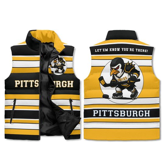 Pittsburgh Hockey Bird Puffer Vest  Black & Gold Stripes, Unisex