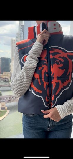 Discover Upcycled Chicago Football Fan Puffer Vest Made From a Flag! Women's Small Cropped Vest