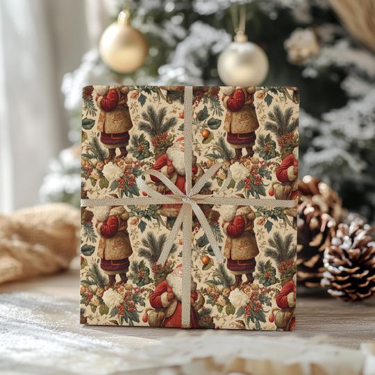 Discover Vintage Santa Claus Gift Wrap - Old World Christmas Wrapping Paper with Florals & Pine for Traditional Holiday Gifting