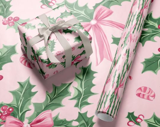 Cute Xmas Wrapping Paper Roll Pink Holly Berry Bows Candy Cane Christmas Gift Wrap Papers Holiday Christmas Presents Gift Wrapping