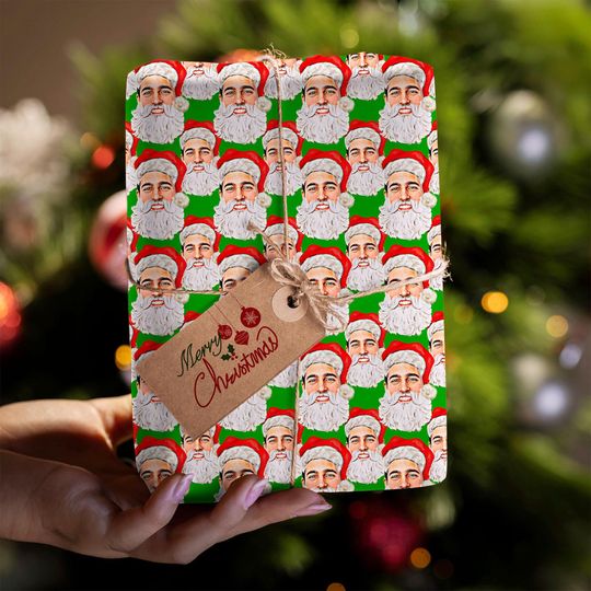 Custom Christmas Wrapping Paper with Face Photo Pattern, Santa Gift Box Decoration Paper Roll
