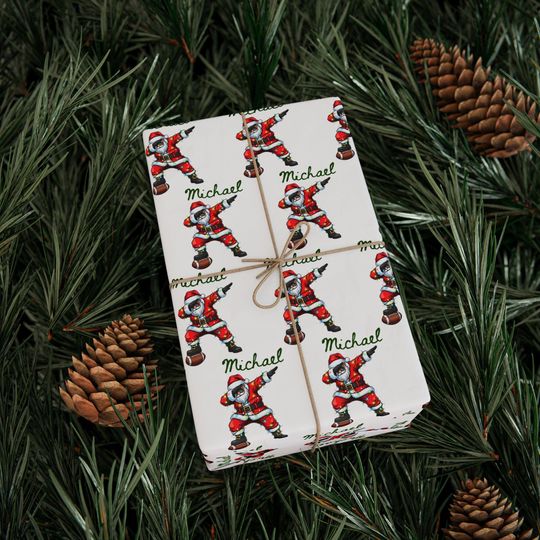 Discover Personalized Football Santa Wrapping Paper, Dabbing Santa Christmas Gift Wrap, Custom Name Holiday Paper, Kids Xmas Gift Wrap