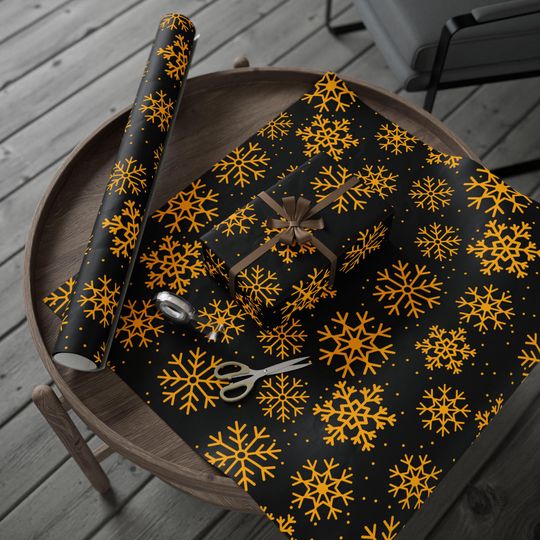 Black and Yellow Snowflake Wrapping Paper, Black and Gold snowflakes, Pittsburgh football themed wrapping paper, Football fan gift wrap