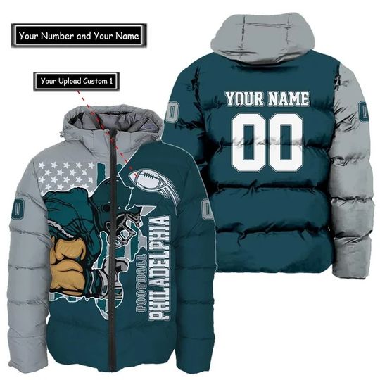 Philadelphia Eagles Custom Name and Number Hooded Puffer Jacket, Football Team Jacket, Winter Gift