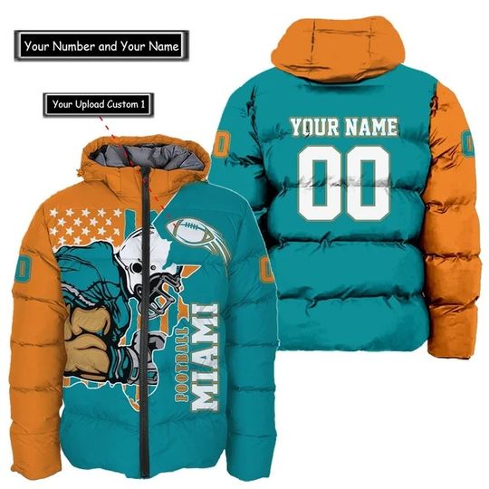 Miami Dolphins Custom Name and Number Hooded Puffer Jacket, Football Team Jacket, Winter Gift
