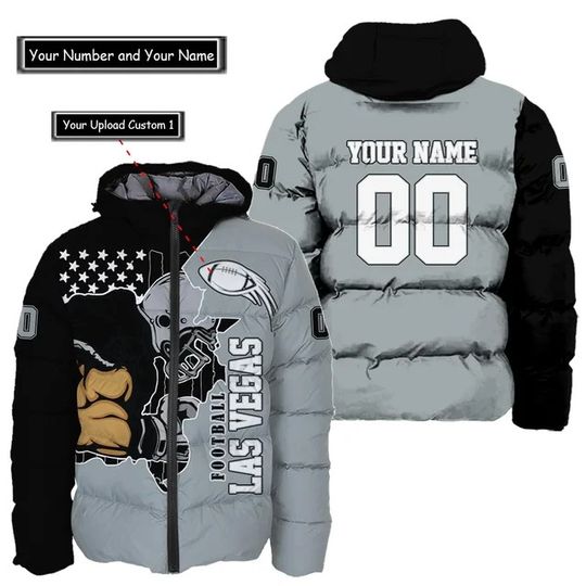 Las Vegas Raiders Custom Name and Number Hooded Puffer Jacket, Football Team Jacket, Winter Gift