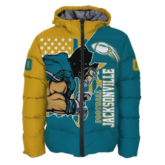 Jacksonville Jaguars Custom Name and Number Hooded Puffer Jacket, Football Team Jacket, Winter Gift