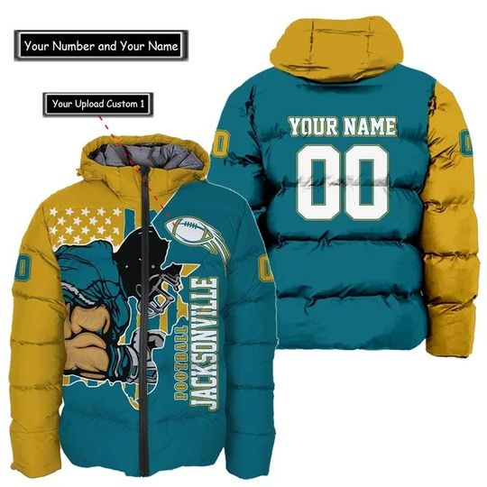 Jacksonville Jaguars Custom Name and Number Hooded Puffer Jacket, Football Team Jacket, Winter Gift
