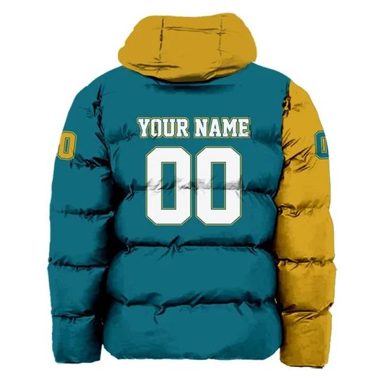 Jacksonville Jaguars Custom Name and Number Hooded Puffer Jacket, Football Team Jacket, Winter Gift
