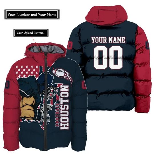 Houston Texans Custom Name and Number Hooded Puffer Jacket, Football Team Jacket, Winter Gift