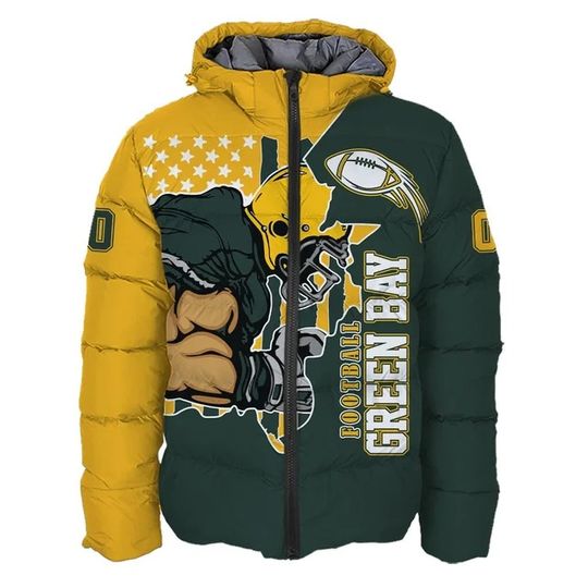 Green Bay Packers Custom Name and Number Hooded Puffer Jacket, Football Team Jacket, Winter Gift