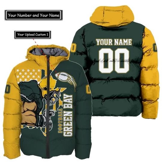 Green Bay Packers Custom Name and Number Hooded Puffer Jacket, Football Team Jacket, Winter Gift