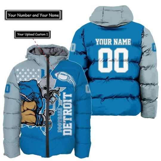 Detroit Lions Custom Name and Number Hooded Puffer Jacket, Football Team Jacket, Winter Gift