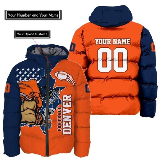 Denver Broncos Custom Name and Number Hooded Puffer Jacket, Football Team Jacket, Winter Gift