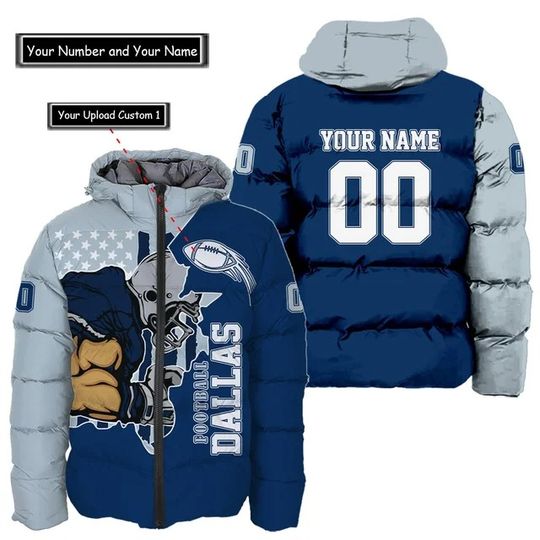Dallas Cowboys Custom Name and Number Hooded Puffer Jacket, Football Team Jacket, Winter Gift