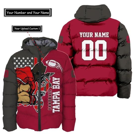 Tampa Bay Buccaneers Custom Name and Number Hooded Puffer Jacket, Football Team Jacket, Winter Gift